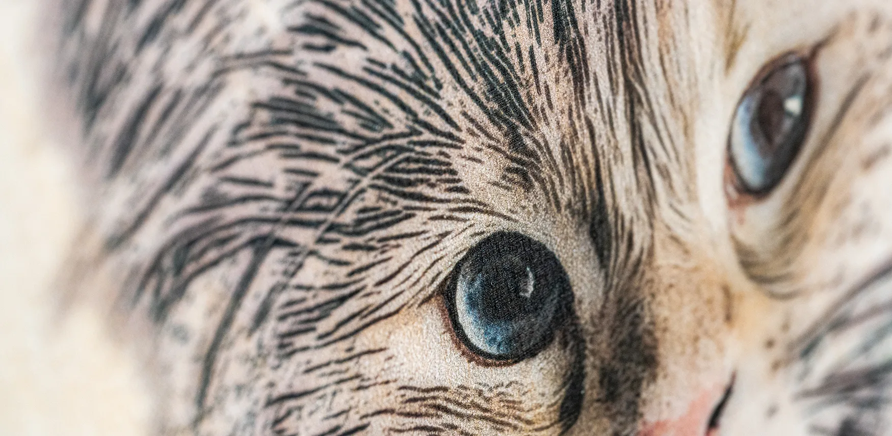 Extrem närbild på ett kattporträtt i träbränningsstil, där de tunna linjerna i pälsen och det blå ögat syns i detalj mot träets struktur.