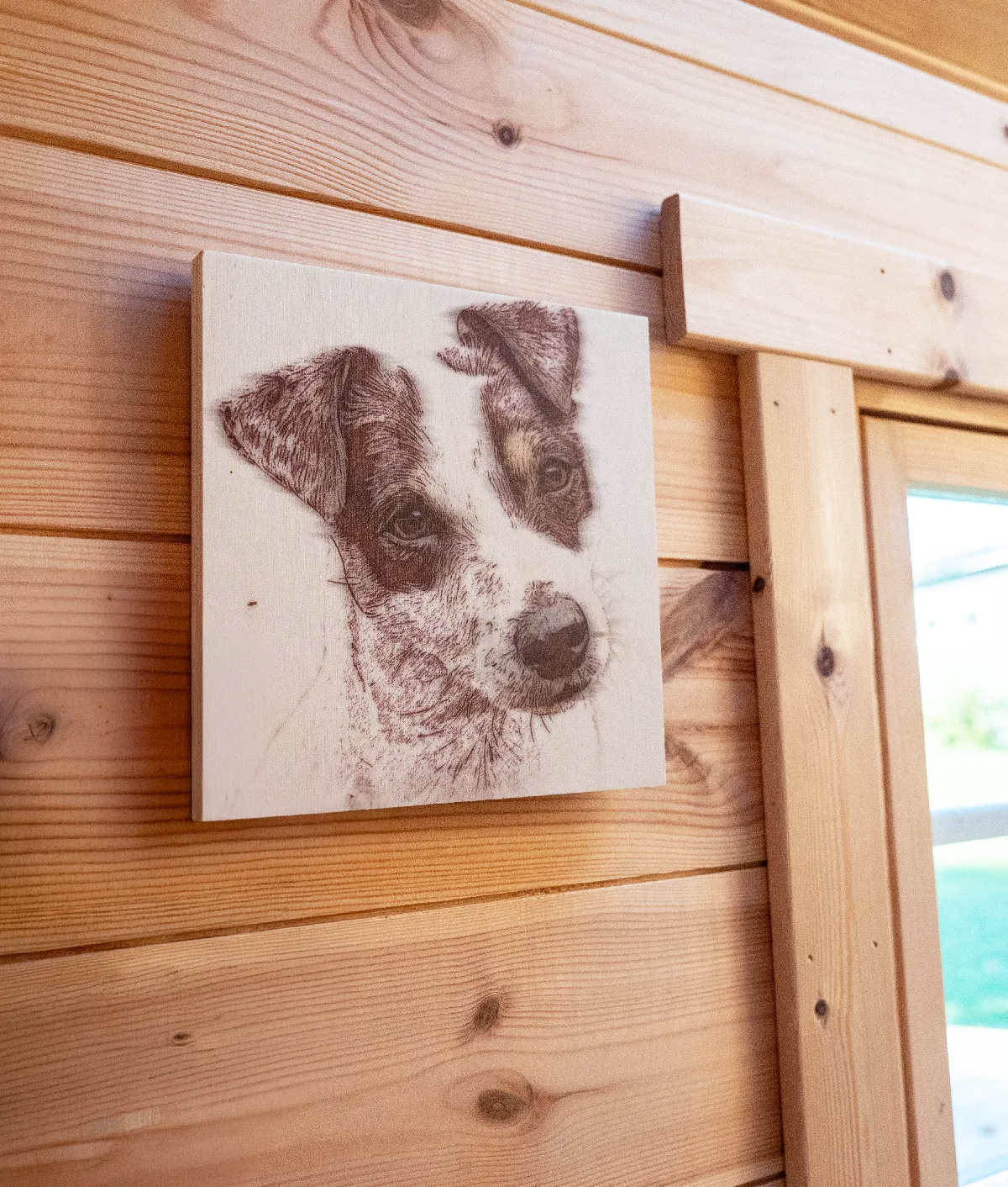 Träskiva med ett porträtt av en Jack Russell-terrier i träbränningsstil, upphängd på en vägg av ljusa furupaneler bredvid ett fönster.