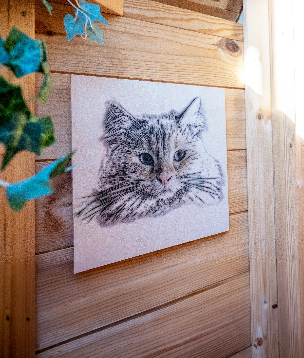 Porträtt av en randig katt i träbränningsstil, tryckt på en träskiva som hänger på en panelvägg i ljust trä, med murgrönsblad i förgrunden.