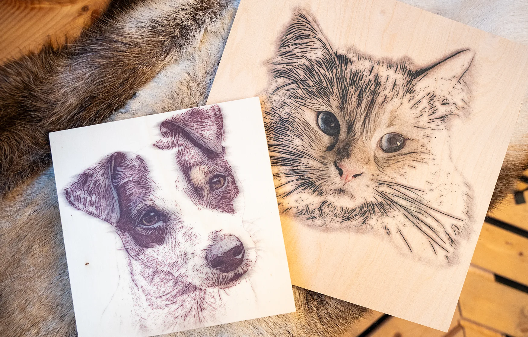 Två husdjursporträtt i träbränningsstil på träskivor som ligger på en fäll: en Jack Russell-terrier på en ljusare skiva och en randig katt på en varmare, gulbrun skiva.