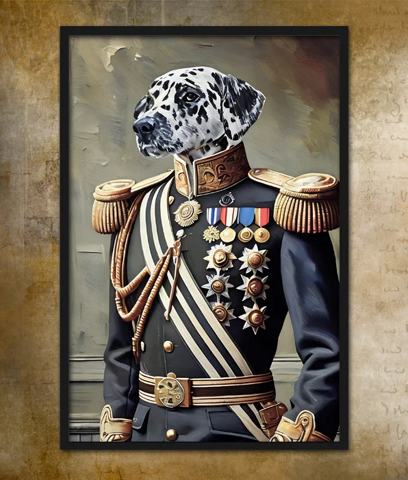 En tavla av en svartvit hund som gestaltas som en kung. Hunden är iklädd en kavaj med medaljer på.