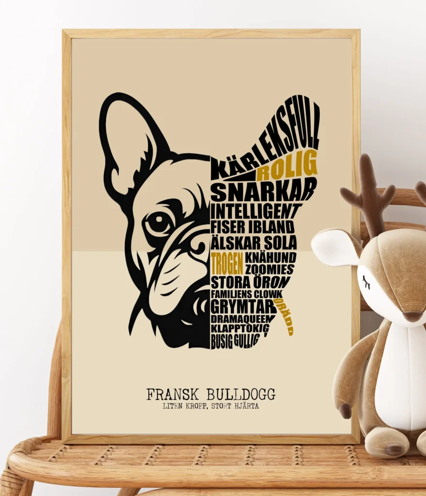 En typografisk tavla av hundrasen fransk bulldogg. Ett halvt ansikte av hunden syns, och ord som beskriver hundrasen, som till exempel kärleksfull, intelligent och knähund.