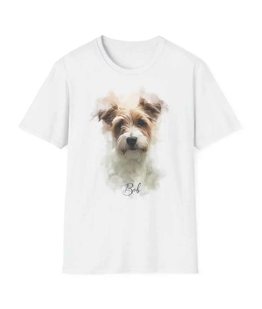 Ett produktfoto av en vit t-shirt med ett husdjursporträtt av en brunvit hund som heter Bob.