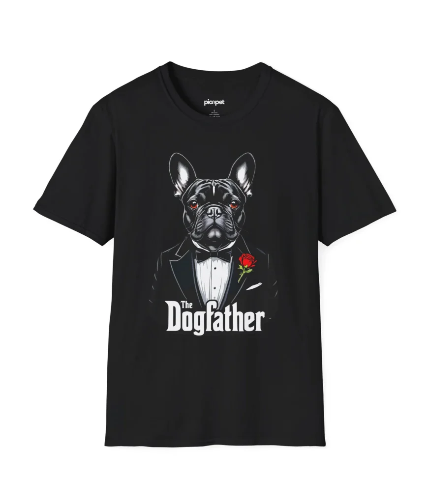En svart t-shirt med en hund i svart kavaj och vit skjorta med texten "The Dogfather" på