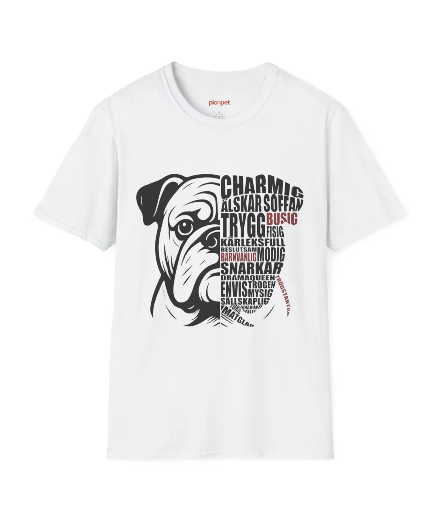 Vit t-shirt med en typografiskt designad engelsk bulldogg på