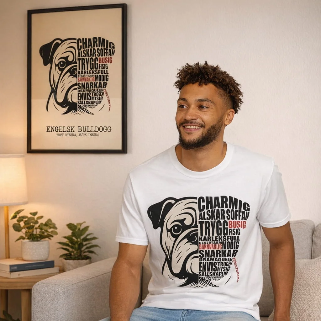 En man står i köket med engelsk bulldogg-t-shirt på sig. I bakgrunden syns en matchande tavla på väggen i svart träram