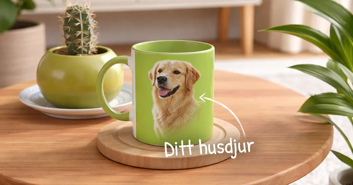 En grön mugg med ett hundtyck står på ett träbord med en kaktus i bakgrunden. Texten "Ditt husdjur" och en pil mot muggen syns på bilden