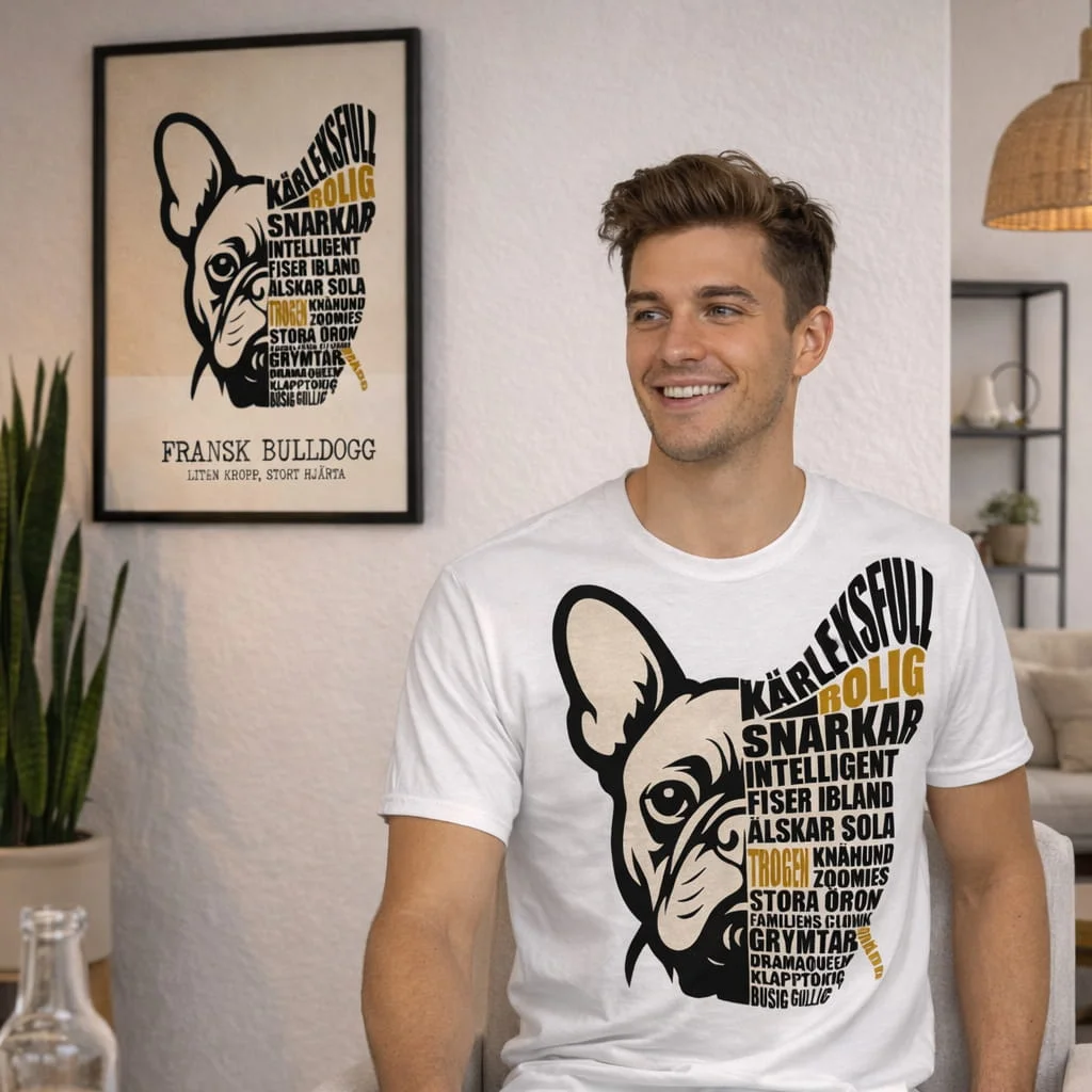 En man står i köket med fransk bulldogg-t-shirt på sig. I bakgrunden syns en matchande tavla på väggen i svart träram