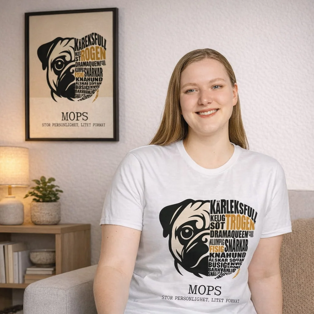 En man står i köket med mops-t-shirt på sig. I bakgrunden syns en matchande tavla på väggen i svart träram