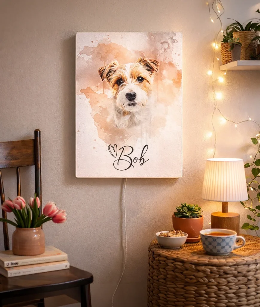 Hunden Bob i akvarellstil, monterad som en front på en IKEA Symfonisk-högtalare, som hänger på en beige vägg med en kabel ned mot golvet.