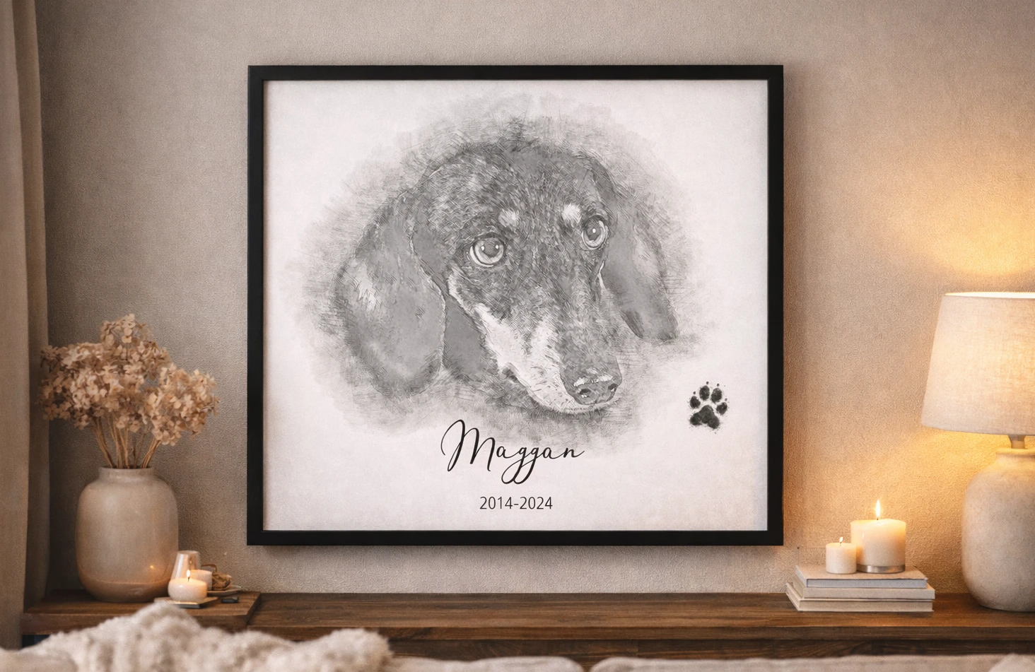 Minnestavla av den bortgångna hunden Maggan, i blyertsskiss-stil. På tavlan är även ett tassavtryck från hunden.