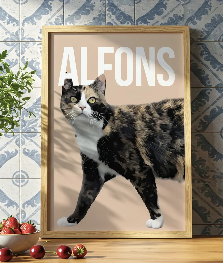 Produktbild av tavlan i modern stil. Katten Alfons är avbildad i modern vektorgrafik och inramad i en träram. Tavlan står på en bänk vid några ljus och muggar. Kattens namn är omlott på kattens öron, snyggt typografiskt designat.