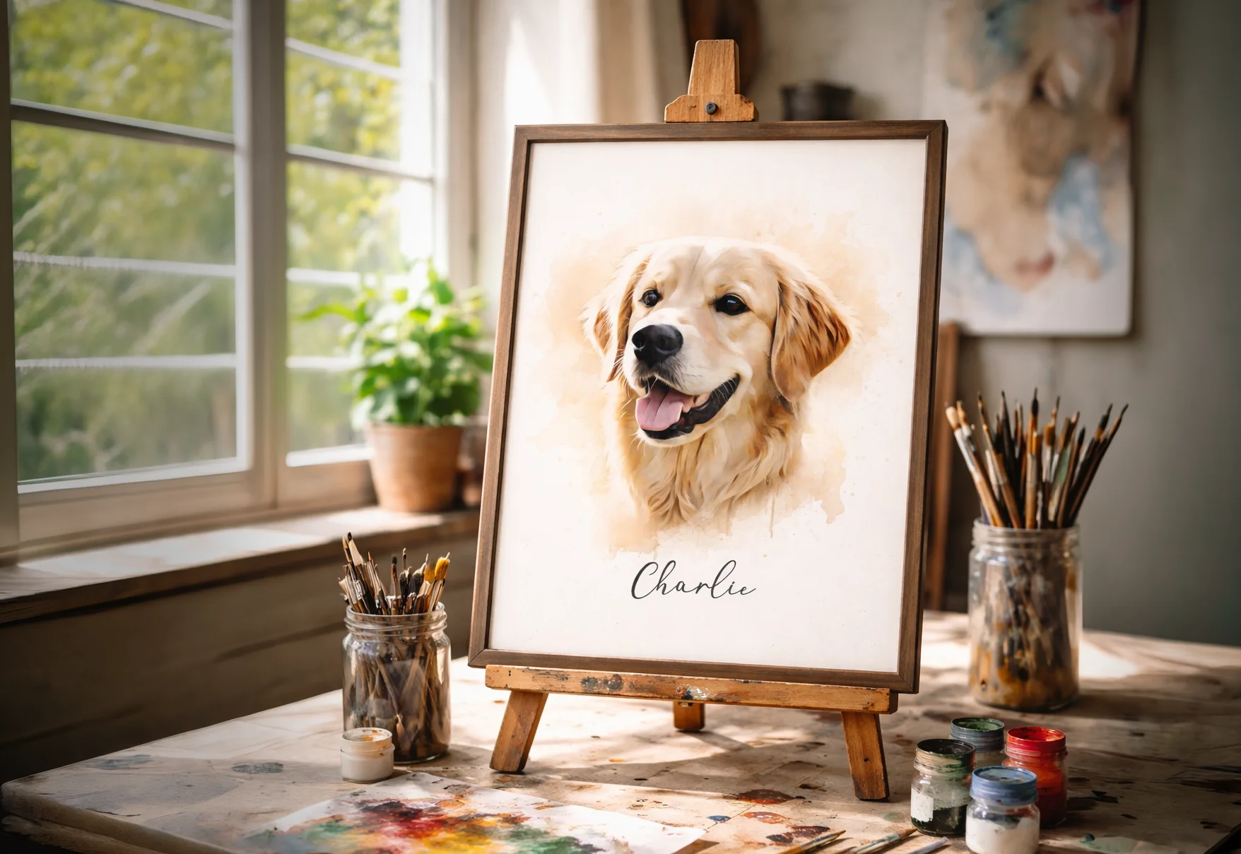 En målning av en golden retriever vid namn Charlie. Tavlan står på ett staffli i en ateljé med ljus som kommer in från fönstret till vänster. På bordet står det glasburkar med penslar och några färgburkar i glas.