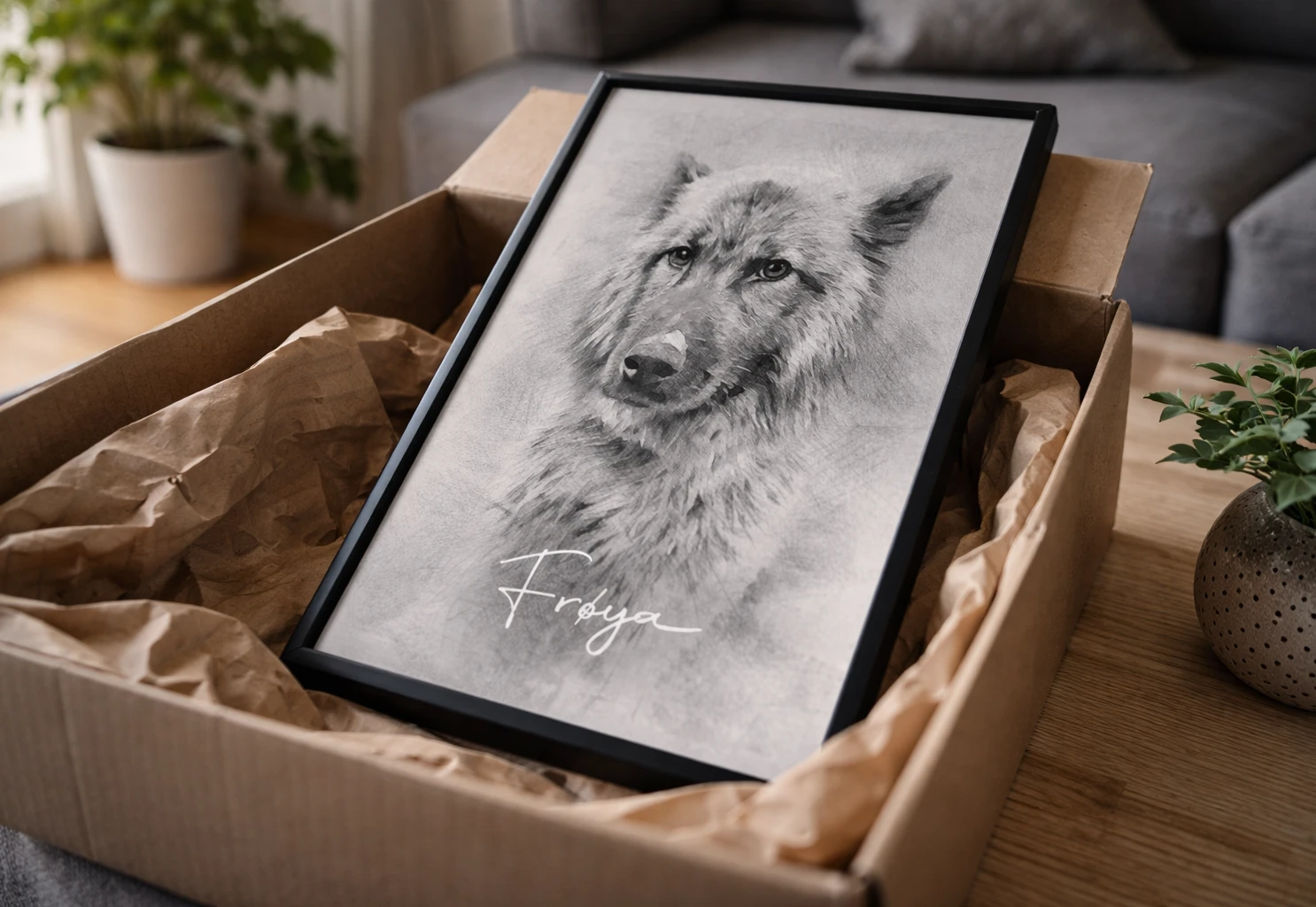 Hunden Frøya, avbildad som blyertsskiss. Tavlan är precis uppackad, och ligger delvis i en kartong med fraktemballage kvar i kartongen.