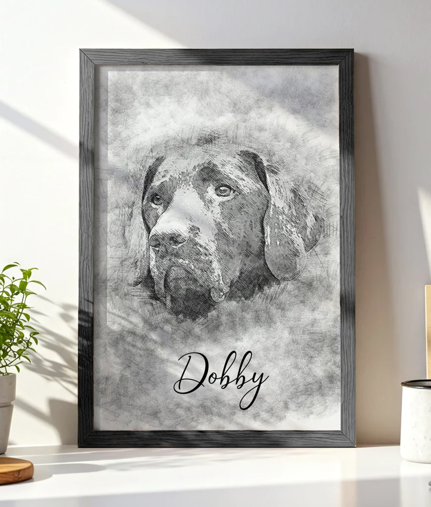 Produktbild av en handgjord tavla i blyertsskiss-stil. Hunden Dobby är på bilden, inramad i en svart träram och stående på en köksbänk vid en grön växt och där solljuset kommer in från ett fönster till vänster.