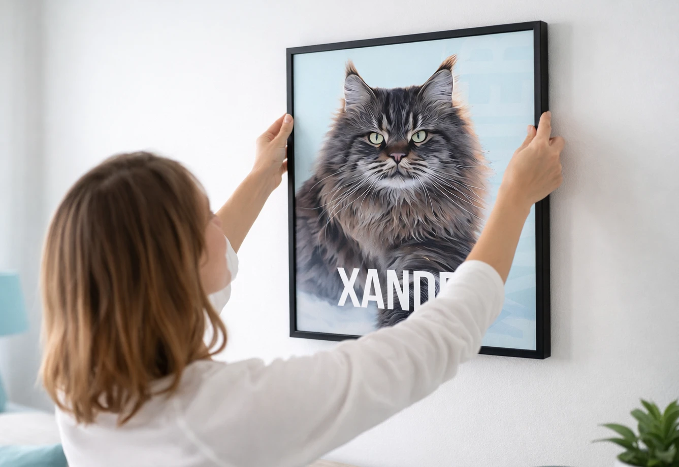 Katten Xander, avbildad i modern stil och inramad i en svart träram. En kvinna håller i tavlan i båda händerna och sträcker sig upp mot väggen för att hänga upp tavlan.