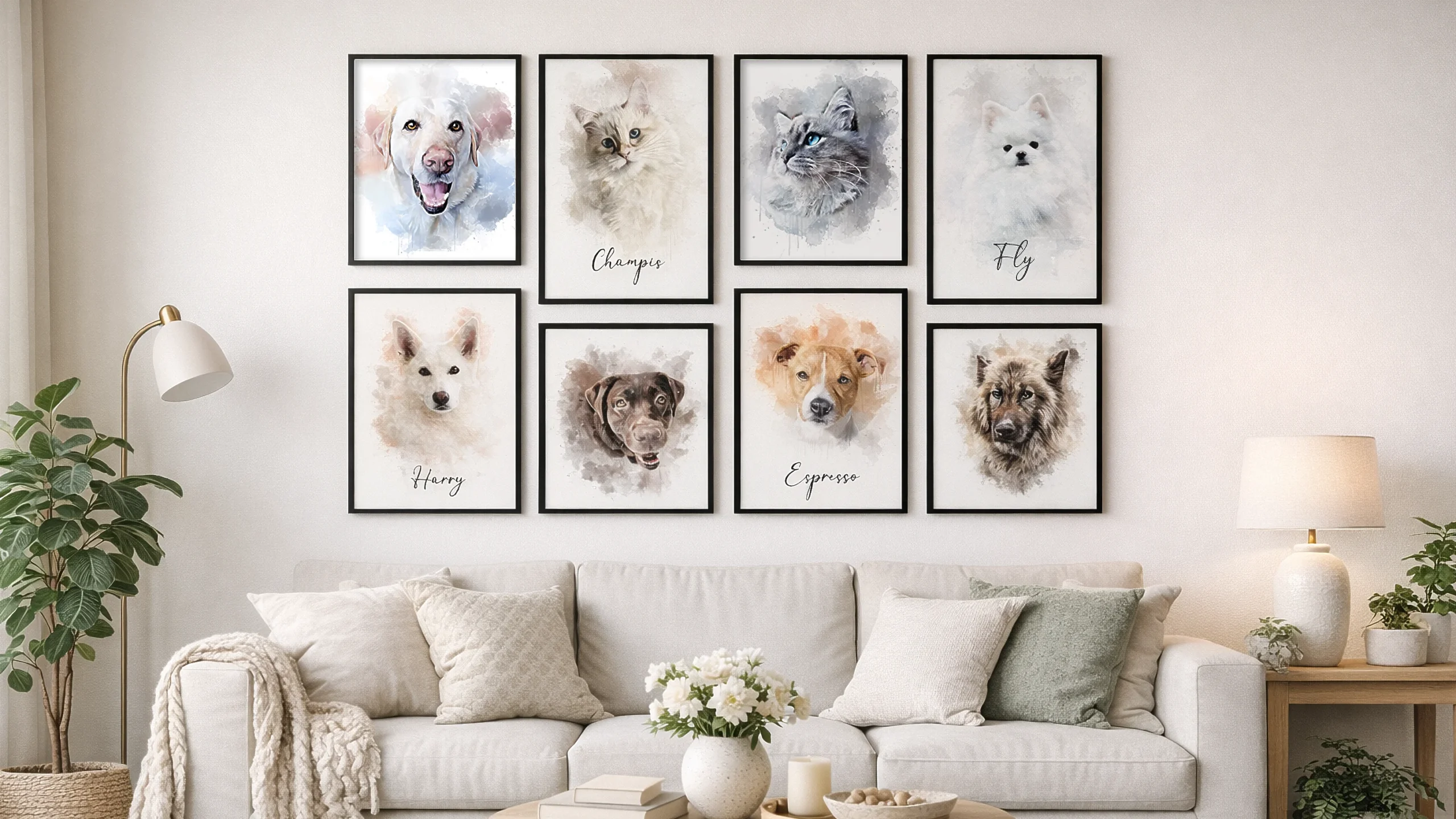 Ett ljust vardagsrum med en vit soffa. Ovanför soffan är en tavelvägg med åtta tavlor av olika husdjur, både katter och hundar i olika raser.